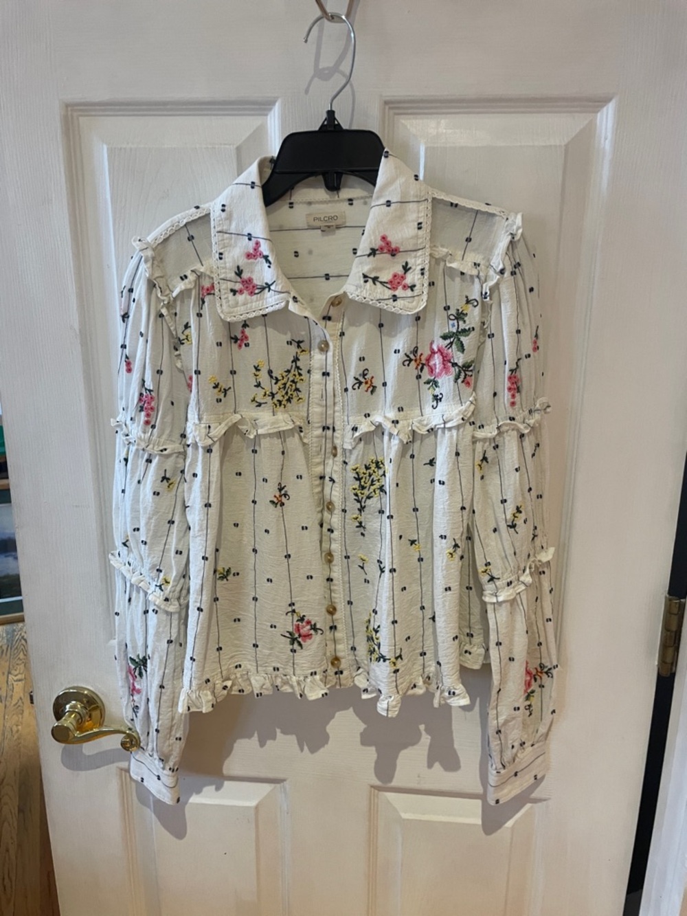 Pilcro by Anthropologie White Button-Up Floral Ruffle Shirt